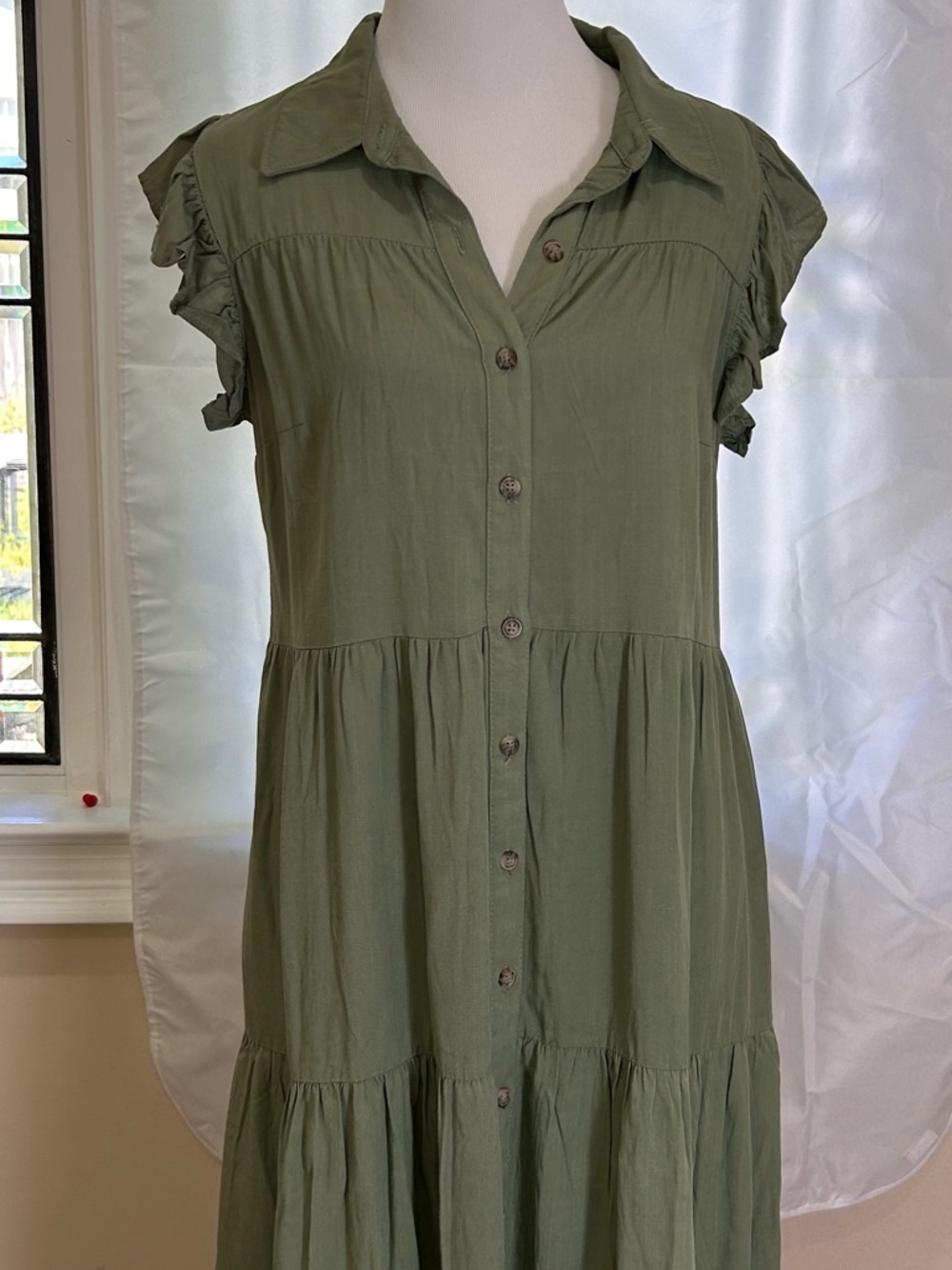 Lucky Brand Olive Green Button-Front Tiered Dress